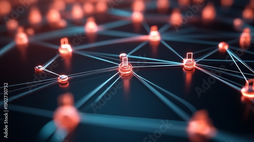 Glowing network nodes connected by light blue lines, representing global data transfer and interconnectedness. Data, Network