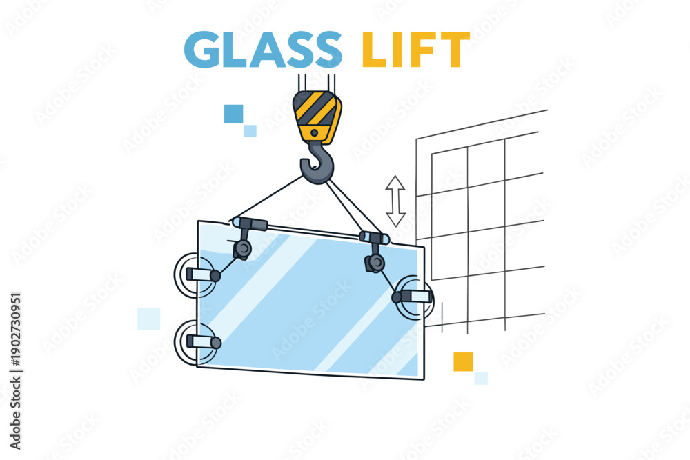 Fototapeta premium Industrial glass lift mechanism illustration with four suction cups and crane hook