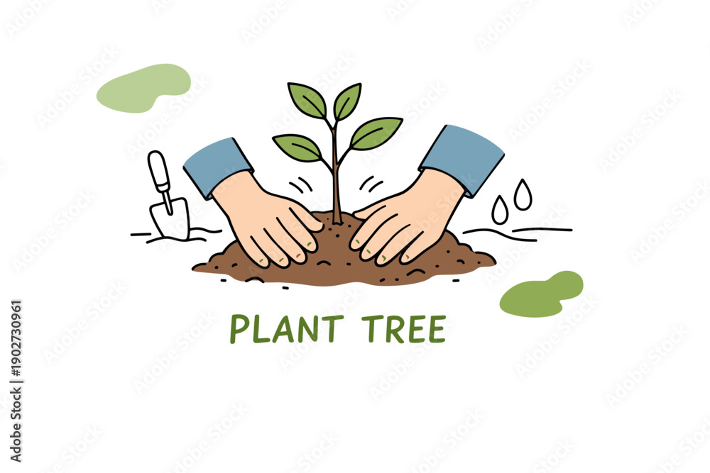 Obraz premium Hands planting tree sapling in soil with gardening tools and leaves