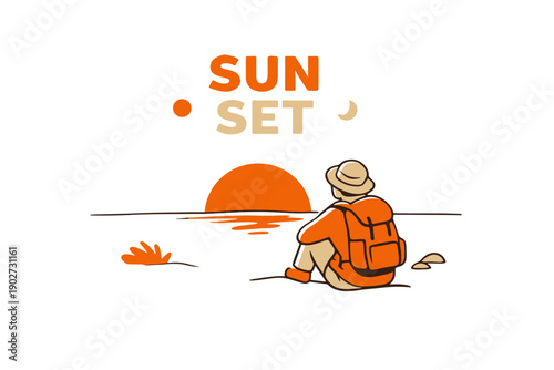 Sunset illustration with person relaxing by the ocean