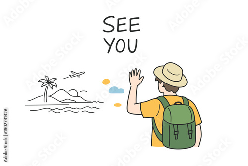Male traveler waving goodbye to tropical island drawing
