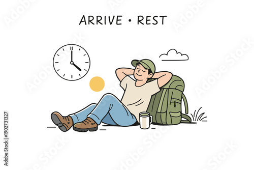 Young adult male relaxing outdoors with backpack and coffee under clock at noon