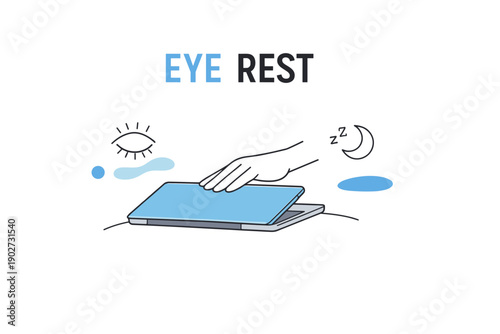 Illustrated concept of eye rest with closed laptop and hand