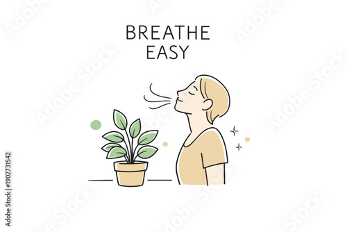 Young caucasian female relaxing with houseplant and breathing exercise