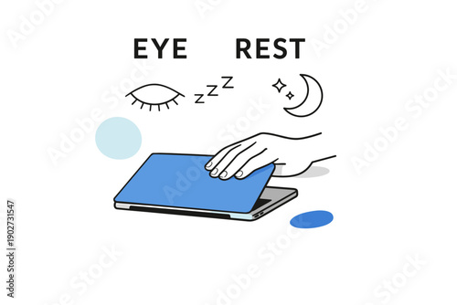 Illustration of a hand closing laptop for eye rest with sleep symbols