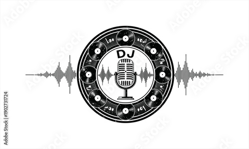 DJ Microphone with Sound Waves and Vinyl Records Logo Design.