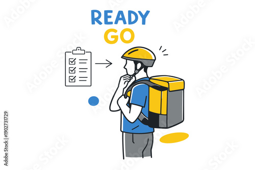 Male courier preparing for delivery checklist with helmet and backpack