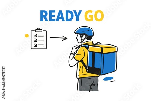 Delivery person with backpack preparing checklist