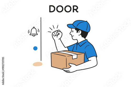 Young asian male delivery worker knocking on door with package