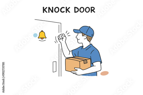 Caucasian male delivery worker knocking on door with package cartoon illustration