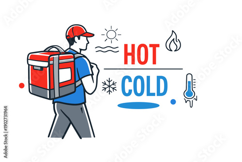 Male food delivery worker with insulated backpack for hot and cold items