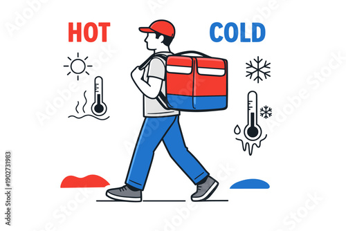 Male courier walking with insulated backpack for hot and cold deliveries