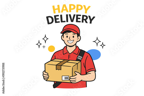 Smiling male delivery worker holding package illustration