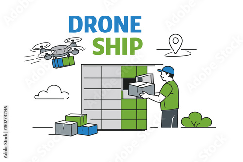 Drone delivery system with male operator handling packages