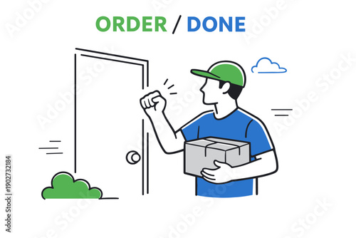 Delivery person icon knocking on door with package in hand