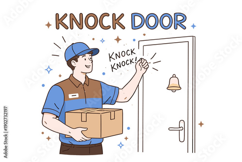 Young male caucasian courier delivering package and knocking on door