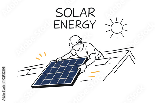 Male technician installing solar panel on roof for renewable energy initiative