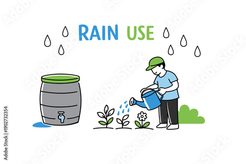 Caucasian male planting with rainwater barrel illustration