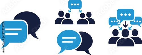 Communication and teamwork concept with chat icons and human silhouettes