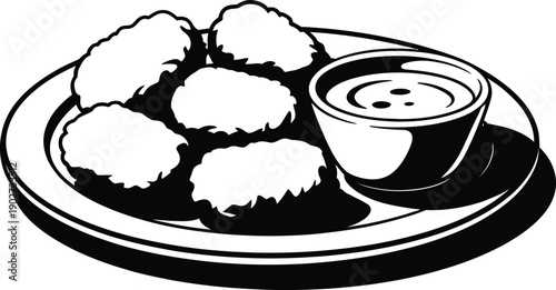Food Silhouette Vector Featuring Plate of 5 Nuggets with Dipping Sauce Bowl in Black and White Stylized Illustration