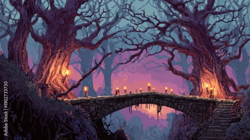 Ethereal forest bridge with glowing candles at dusk
