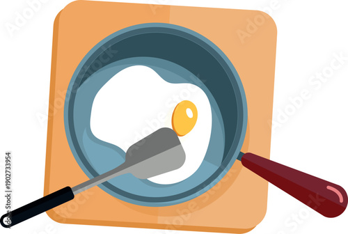 Cooked breakfast on frying pan. Fried egg cartoon icon