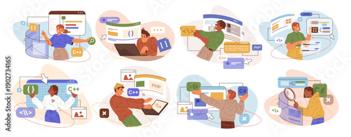Web developers and coders at work. Vector programming people using laptops and computer screens. Coding process and teamwork. Software development and UI design. IT technology and digital workspace.