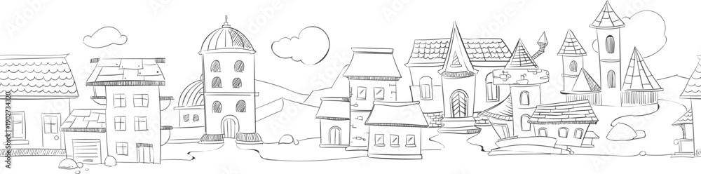 Fototapeta premium Vintage town houses. Festive fairytale street drawing