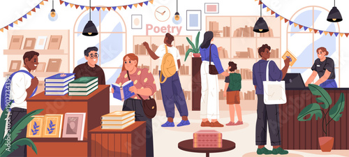 People in bookstore. Vector visitors browsing bookshelves, reading and talking. Library decorated with garlands and plants. Literature and education, learning and knowledge. Community events