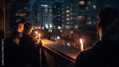 People gather on balcony to support Earth Hour by holding candles and turning off lights in the city at night
