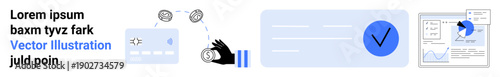 Digital banking, financial security, payment verification, data processing, cybersecurity, mobile transactions. Hand showing money, charts checkmark. Financial security and digital banking concepts
