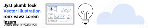 Technology, innovation, data visualization, brainstorming, cloud storage, analytics. A digital dashboard, lightbulb icon and cloud graphic. Technology and innovation concepts visually