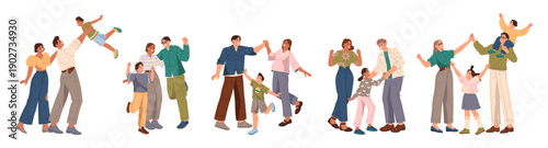 Parent and kids with happy expressions on faces and cheerful mood. Vector isolated set of families on holidays, bonding and spending time together. Celebrating and dancing together, close people