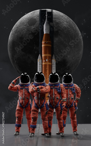 The four-person crew of the Artemis II mission stands ready in their orange OCSS suits in front of the Space Launch System rocket, set against the backdrop of a large Moon for their historic mission