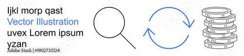Data analysis, financial operations, search tools, currency exchange, process cycles, conceptual design. Magnifying glass, circular arrows coin stack. Data analysis and financial operations
