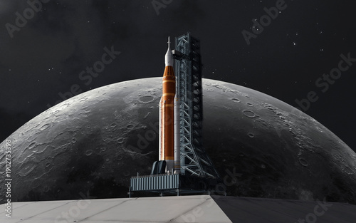 The Artemis II Space Launch System (SLS) mega-rocket is prepared on the launchpad at sunrise, with the Earth and Moon visible in the background, set for its historic journey to the Moon