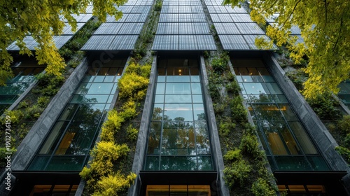 Modern building facade with solar panels and greenery