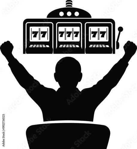 Person celebrating a win at a slot machine in a casino  jackpot or victory. 