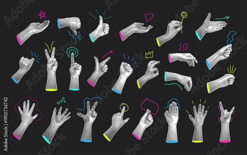 Grayscale hands gestures set with halftone and doodles. Vector isolated collection of body language. Thumb up and down, pointing finger and peace sign, rock gesture and directional indication