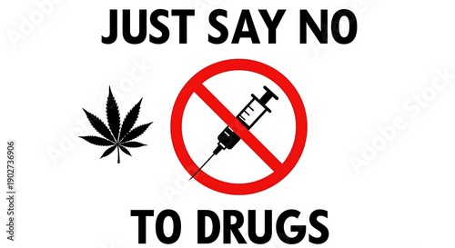 Just say no to drugs campaign poster with marijuana leaf and syringe
