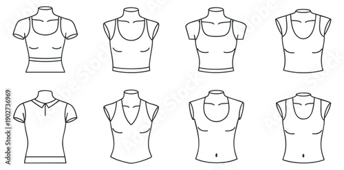 A collection of various women's shirt designs in outline vector style, suitable for fashion branding and apparel design