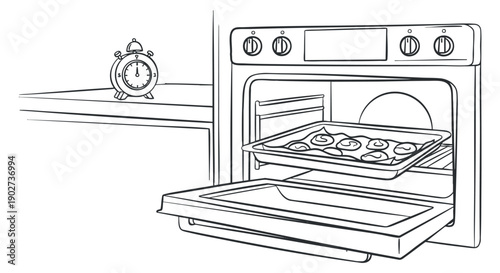 A kitchen oven with a baking tray of cookies and a timer in black and white outline style, perfect for culinary projects