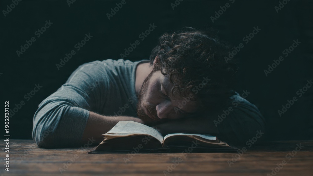 Obraz premium Man Asleep on Open Book at Table