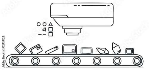 A conveyor belt with various geometric shapes and items in minimalist outline vector style, suitable for industrial and manufacturing contexts