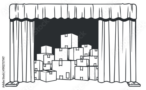 A stage with a curtain revealing stacked boxes in black and white outline vector style, ideal for logistics and delivery themes