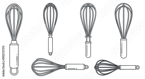 A collection of five whisks in black and white outline vector style, ideal for culinary and cooking-themed projects