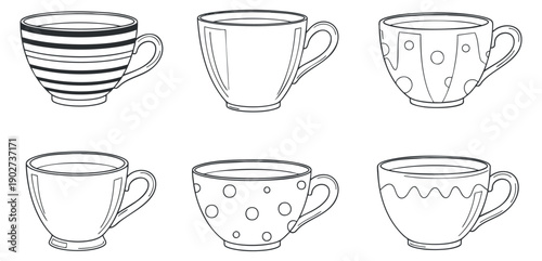 A set of six decorative cups in outline minimalist vector style, perfect for kitchenware and tableware designs