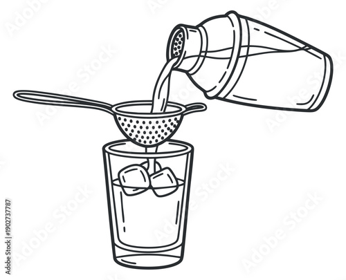 A cocktail shaker pouring liquid through a strainer into a glass with ice cubes in minimalist outline vector style, ideal for bar menus and mixology illustrations