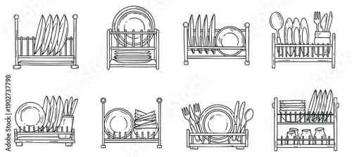 A collection of kitchen dish racks featuring plates, bowls, and cutlery in black and white minimalist vector style, ideal for home decor and kitchen design