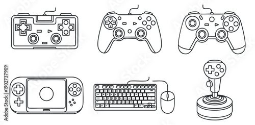 A collection of gaming controllers, keyboards, and mice in clean outline vector style, perfect for technology and entertainment design